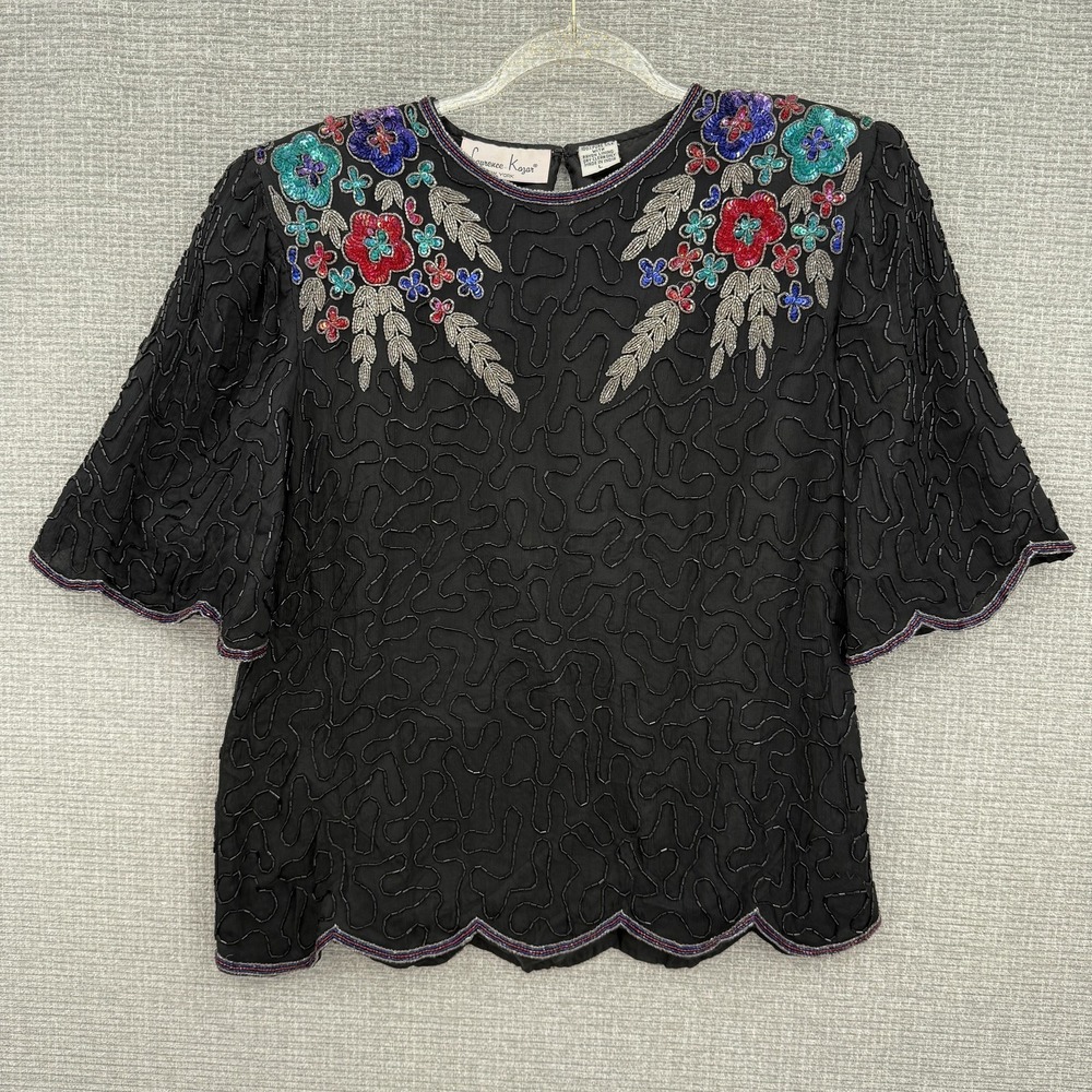 Vtg Lawrence Kazar Shirt Womens Sz L Black Silk Beaded‎ Sequin Floral 80s Party